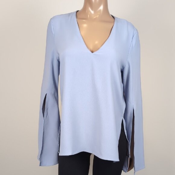 Topshop Periwinkle Slit Bell Sleeve Top VNeck Boxy Tunic Blouse Womens Size 8 - Picture 3 of 12